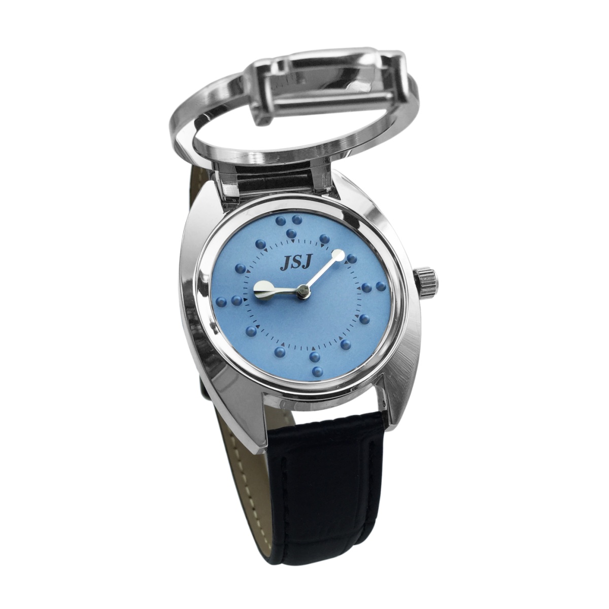 Relógio tátil para pessoas cegas ou baixa visão com pulseira de couro preto, mostrador azul