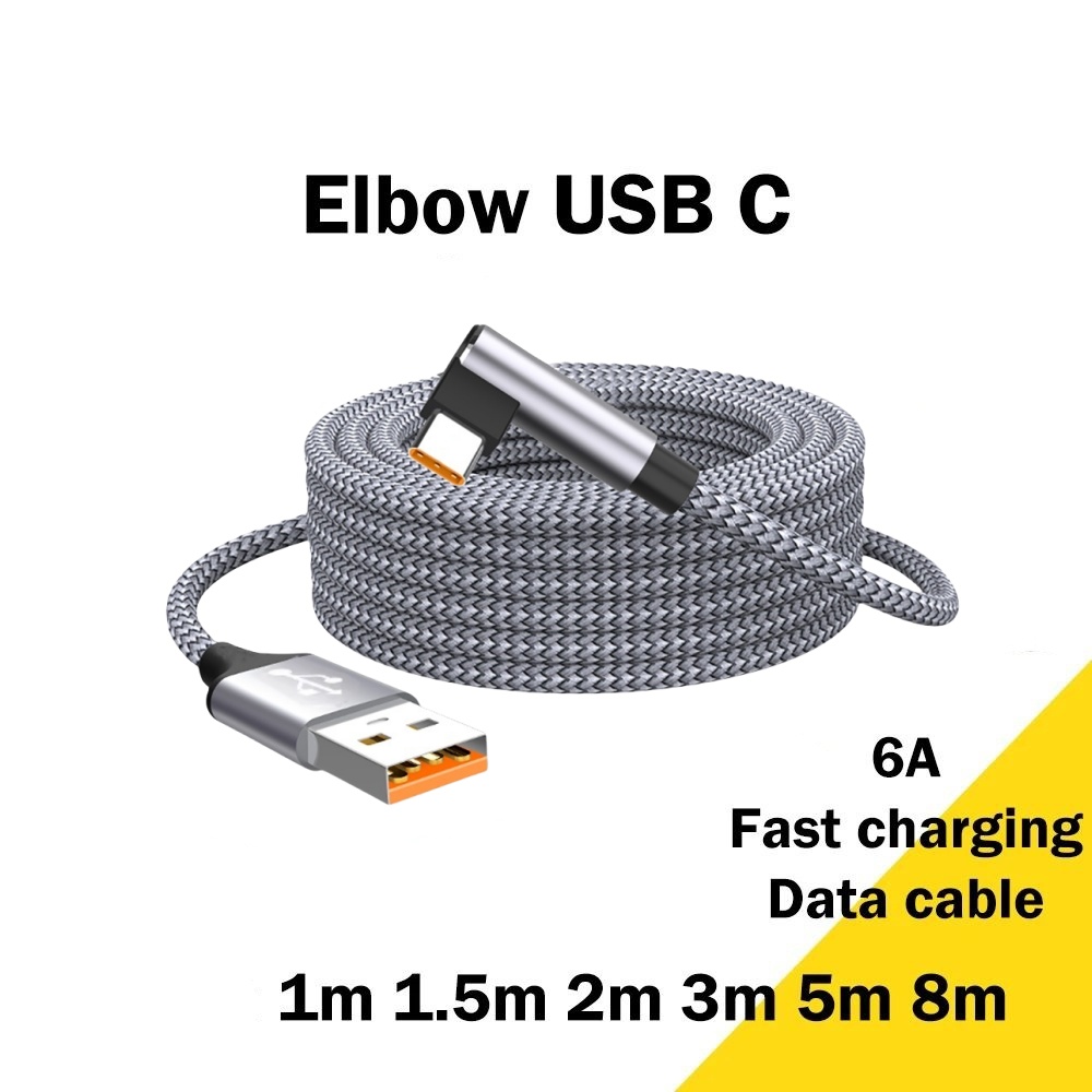 6A USB CエルボータイプC急速充電ケーブル、iPhone 15 Pro、Xiaomi、Samsung S21、Huawei急速充電対応の延長充電ケーブル