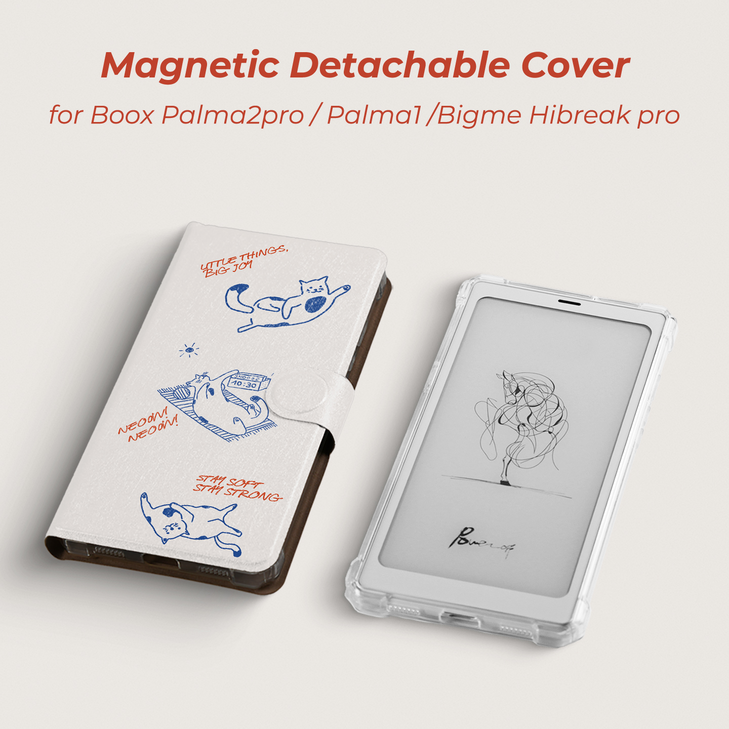 Twosheep Magnetic Detachable Case for Boox Palma2pro Boox Palma2 Bigme Hibreak Pro Color 6.13 Inch Auto Sleep Wake Line Art Cat
