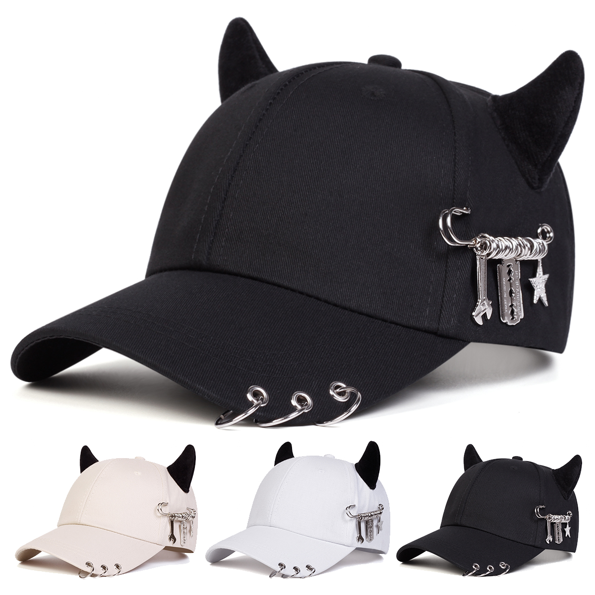 Gorras de béisbol con personalidad de cuerno de vaca con anillo de hierro Unisex, sombreros informales ajustables para exteriores para primavera y otoño, sombrero protector solar