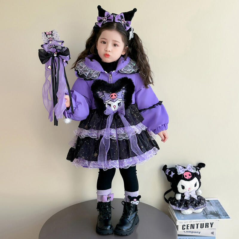 Anime Kuromi Mädchen Lolita Baumwolljacke Winter Kinder Dicke Warme Modische Kapuzenjacke mit Schleifendekoration Süße Baumwolljacke