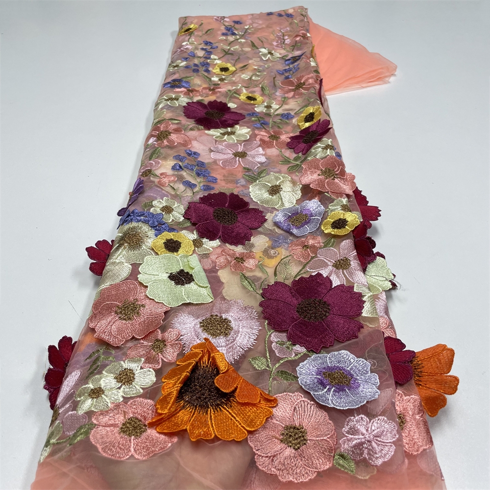 Mais recente africano 3d flor tecido de renda bordado tecido renda malha francesa com lantejoulas noivo nigeriano tule renda para festa xt4121