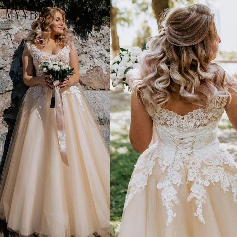 ที่กําหนดเอง PLUS ขนาด V คอ Applique หมวก Elegant A-Line ชุดแต่งงาน Lace Up แชมเปญชุดเจ้าสาว Vestido De Novia
