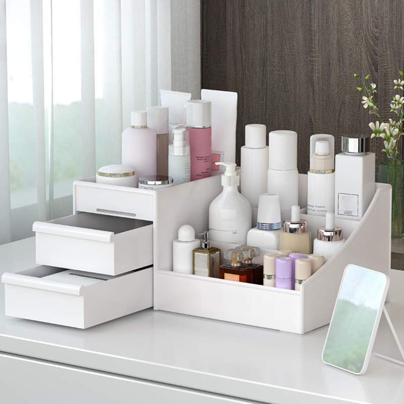 新しい引き出し式メイクアップ収納ボックス 寮用整理整頓プラスチック棚 化粧品スキンケア ドレッシングテーブルデスクトップメイクアップ収納ボックス