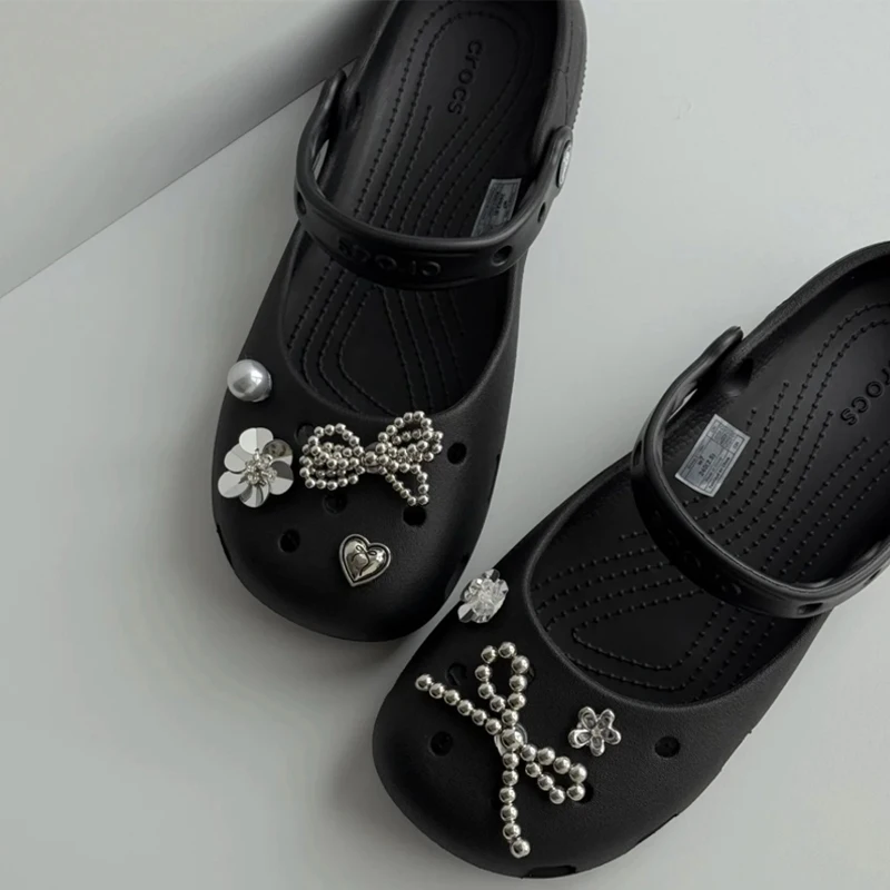 Bling Silver Rhinestone Flower Shoe Charms Metal Bead Bow & Heart Clog Charms Luxury DIY Shoe Decoration Punk Y2K Style Clog Pin