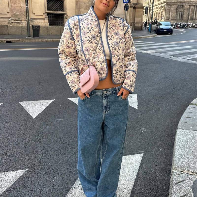 Woman Vintage Purple Floral Cotton Coat 2026 Autumn Winter Female Chic Loose Print Jackets Ladies Casual Warm Jacket