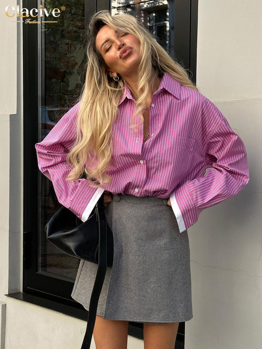 Clacive-Blusas vintage com estampa listra solta para mulheres, lapela casual, camisas de manga comprida, top elegante, moda feminina clássica, 2023