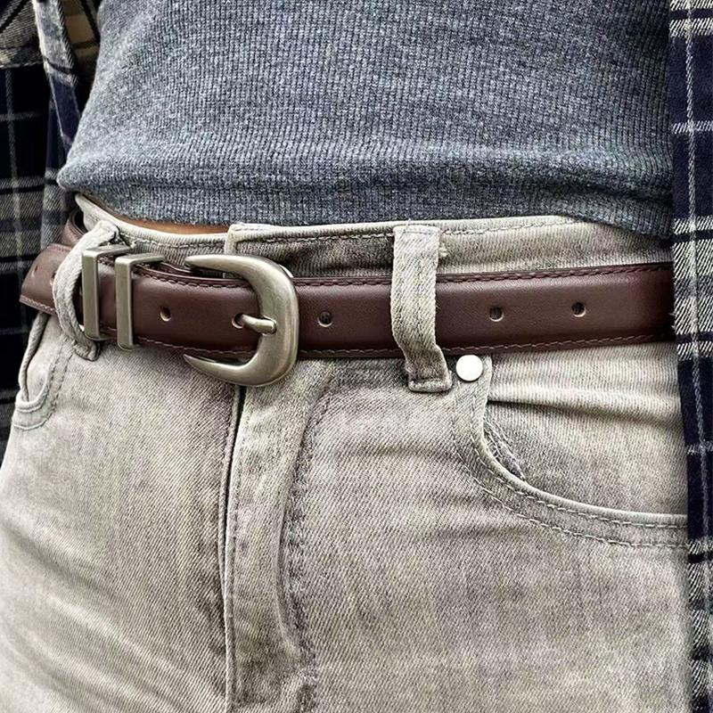 Unisex Vintage Belt Genuine Leather Cowskin Waistband Black with Silver Buckle dla mężczyzn i kobiet Modny pasek do spodni jeansowych