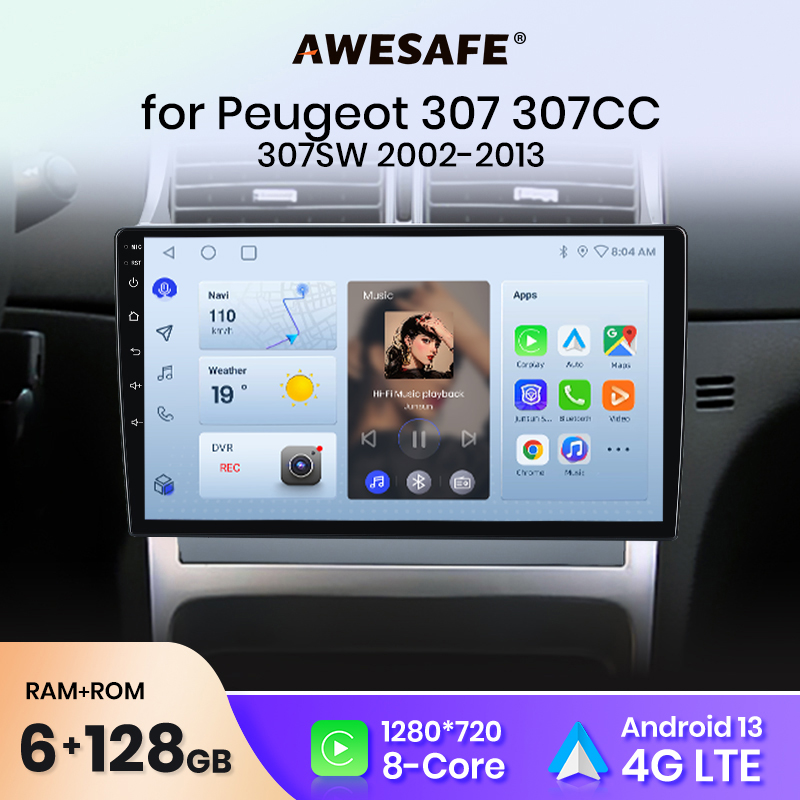 Автомагнитола AWESAFE PX9 Plus, 2 din, для Peugeot 307 307CC 307SW 2002 - 2013