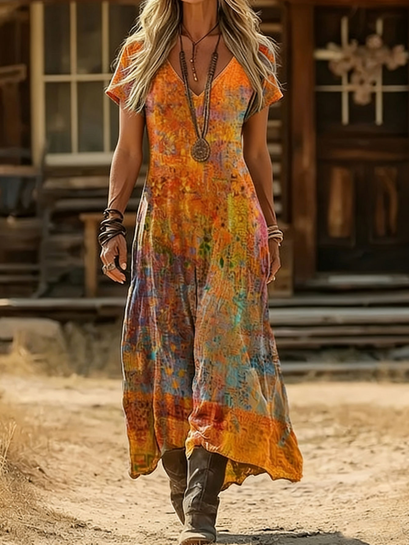 Übergröße Sommer Neuheit Retro Ethnisches Batik-Kleid V-Ausschnitt Kurzarm Locker Sitzender Boho Urlaubs-Maxirock