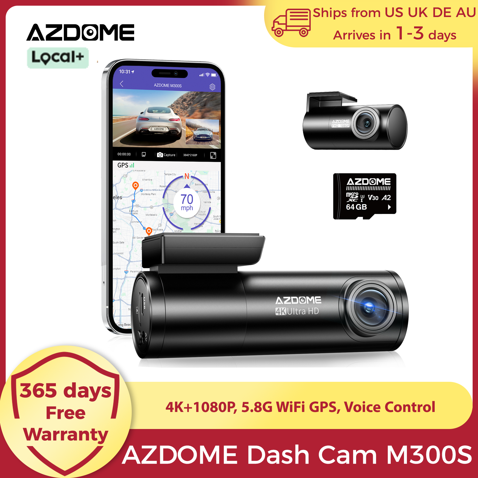 AZDOME M300S 4K Dash Cam Delantera y Trasera, Cámara de Tablero GPS WiFi 5.8G para Coches, Tarjeta SD Gratuita de 64 GB, Control de Voz, Visión Nocturna WDR