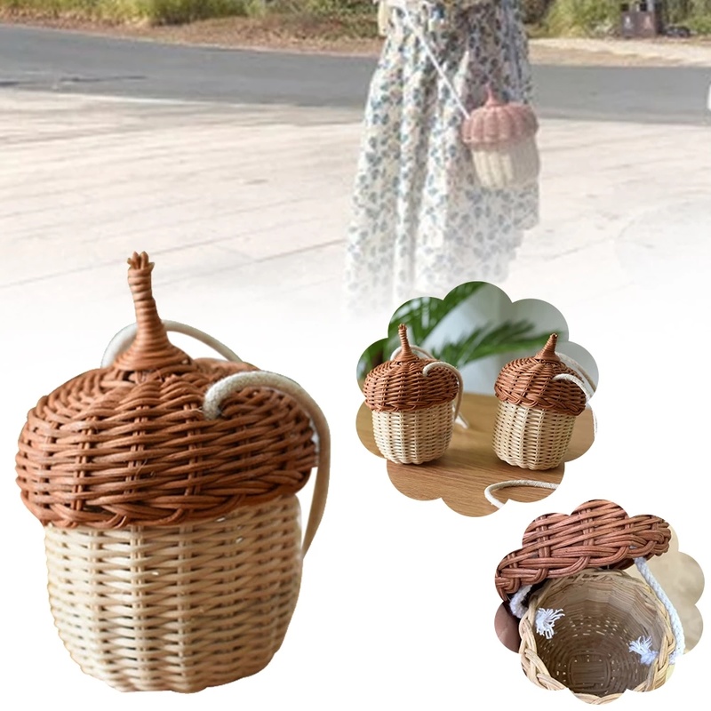 Nuovo cestino portaoggetti a forma di ghianda Borsa rotonda in rattan intrecciata a mano Secchio Borsa a tracolla intrecciata stile spiaggia tropicale Puntelli per foto