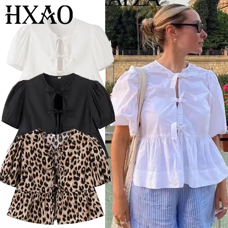 เสื้อเบลาส์ผู้หญิง HXAO รุ่นปี 2024 แขนพองแบบครอป สีขาว สำหรับผู้หญิง เสื้อเบลาส์สีดำแบบผ่าข้าง แต่งระบาย พร้อมเสื้อท่อนบนลายเสือดาวผูกโบว์