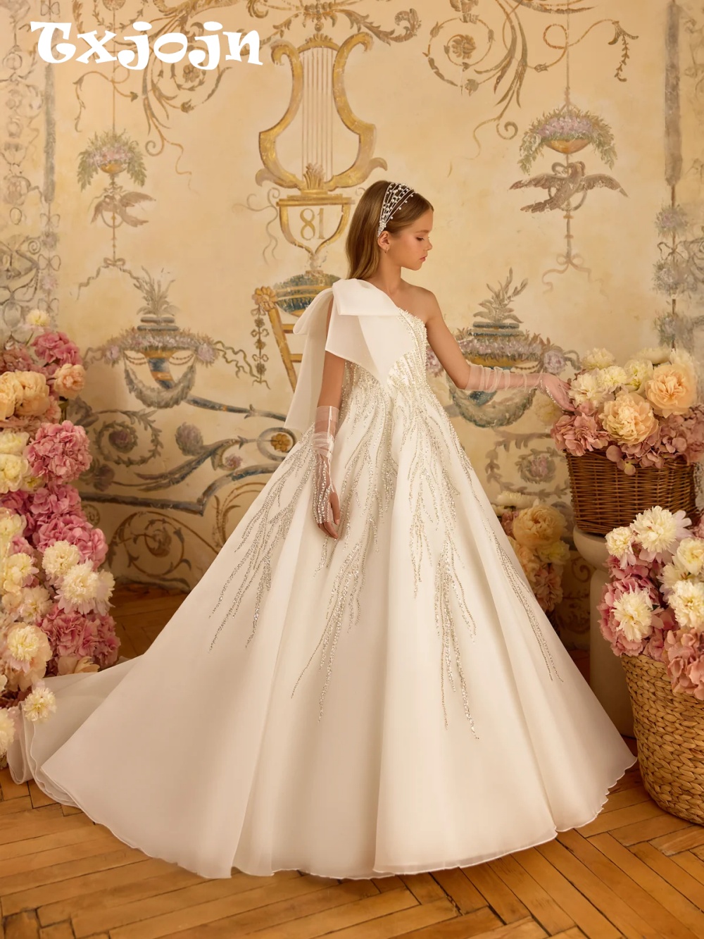Luxuriöse Perlen-Blumenmädchenkleider für die Hochzeit, modisches One-Shoulder-A-Linien-Prinzessinnenkleid, bodenlang, Performance-Kleidung für Kinder