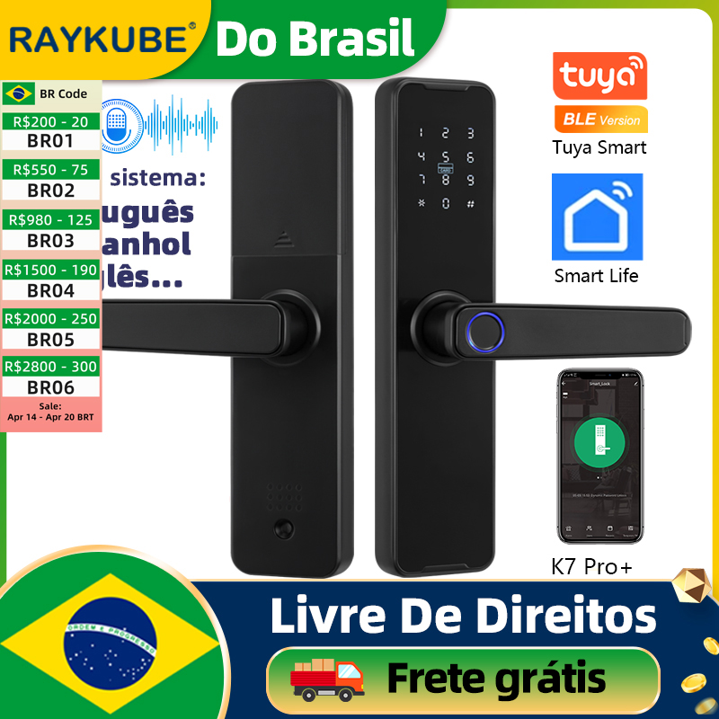 Do brasil raykube preto k7 pro + tuya bluetooth biométrico impressão digital fechadura da porta inteligente tuya app desbloquear keyless lock