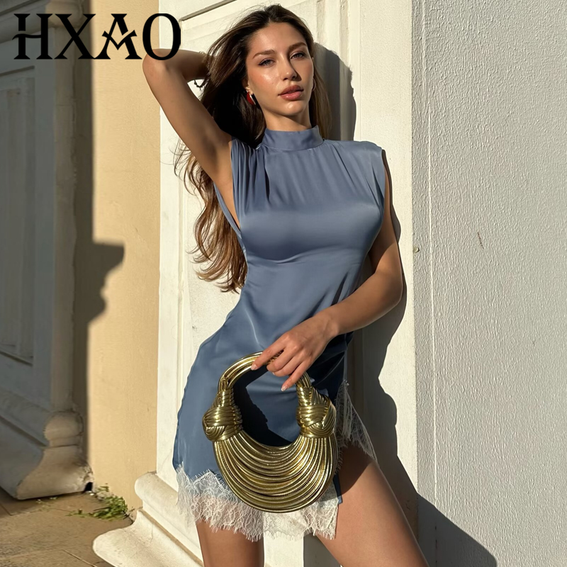 Abito da donna HXAO in raso con volant e pizzo, mini abito estivo 2026 blu polvere senza maniche, elegante per feste e serate