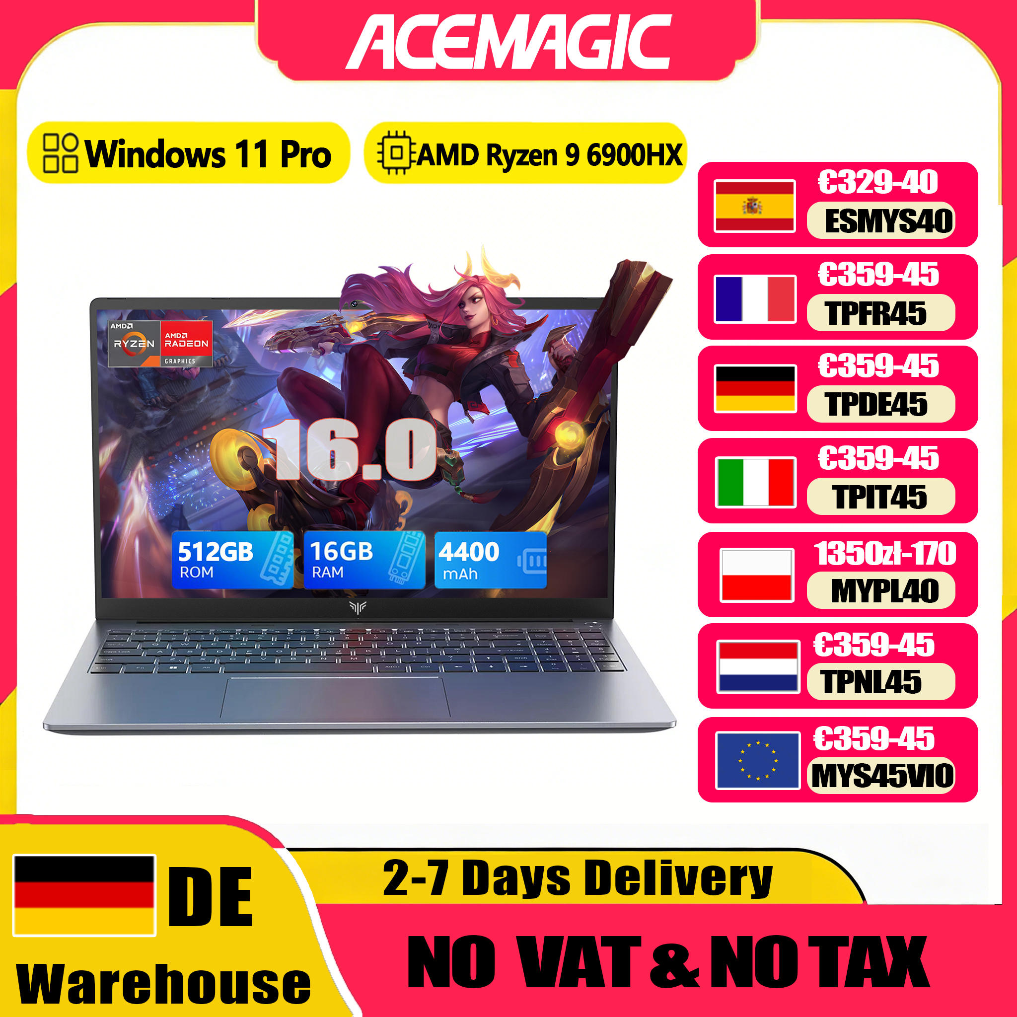ACEMAGIC Laptop 16“ FHD Gaming Laptop AMD Ryzen 9 6900HX 16GB RAM 512GB SSD Windows 11 Pro Notebook com teclado retroiluminado Wifi6 BT5.2