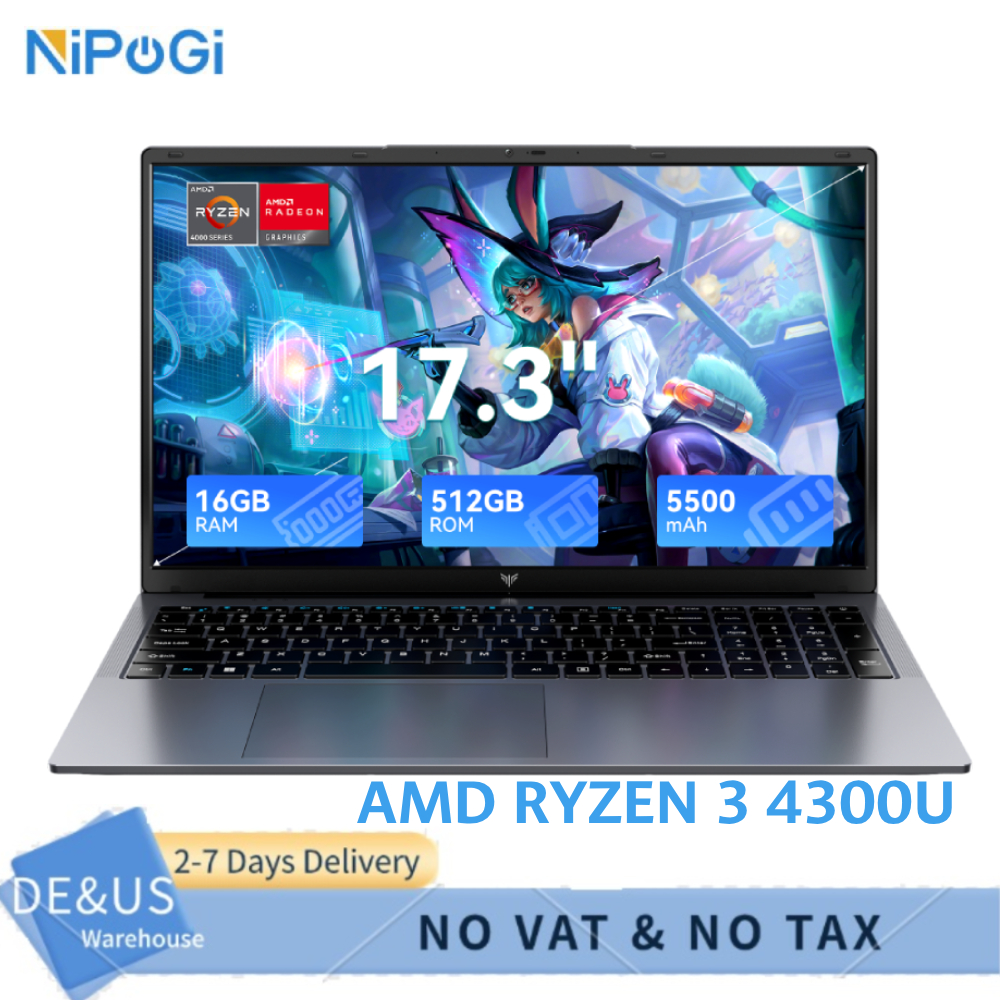 NIPOGI Laptop 17,3 cala FHD 1920×1080, AMD Ryzen 3 4300U, 16 GB RAM, 512 GB SSD, Windows 11, Komputer Przenośny, Notebook