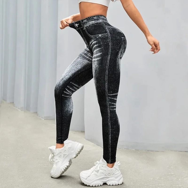 Damesgymnastiekbroek met print, naadloze, hoog getailleerde, denimachtige, geperforeerde, nepzakbroek, yoga fitnesslegging
