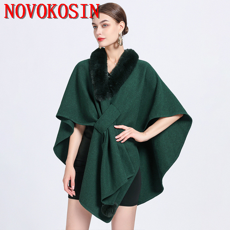 12 cores outono luxo pele do falso pescoço poncho feminino criss-cross batwing mangas de lã quente xale solto streetwear pompom casaco