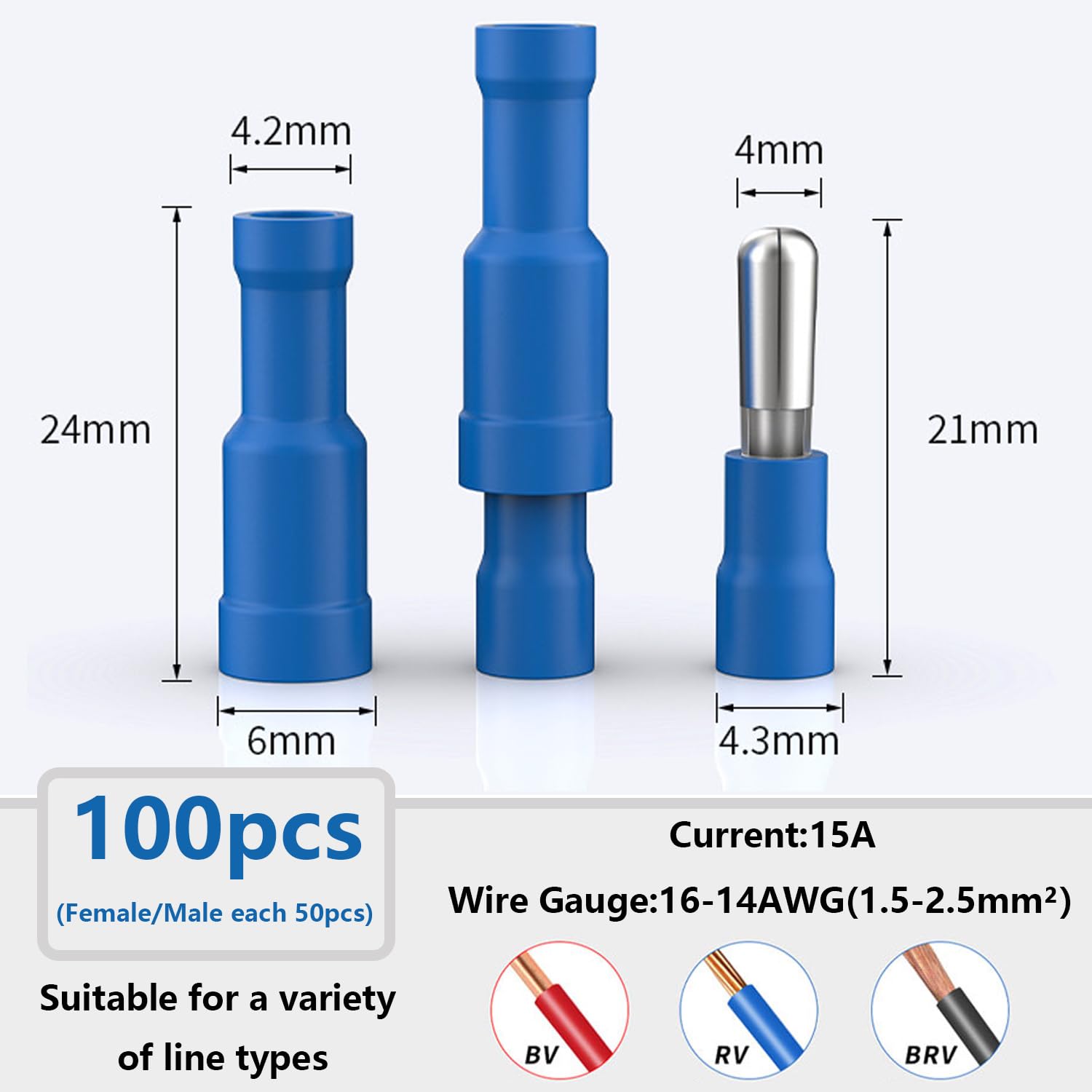 100 szt. Niebieskich złączek typu Bullet 16-14AWG, żeńskie i męskie złączki wtykowe do zastosowań motoryzacyjnych, łodzi, systemów stereo, sprzętu przemysłowego.