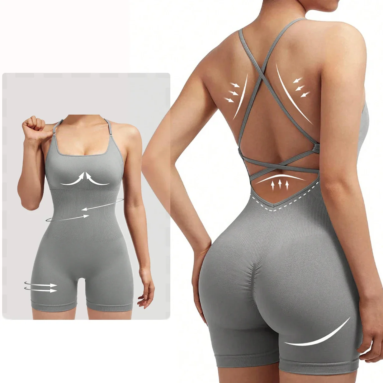 Mameluco deportivo sin espalda entrecruzado para mujer, sin mangas, para correr, entrenamiento, pantalones cortos de yoga, monos