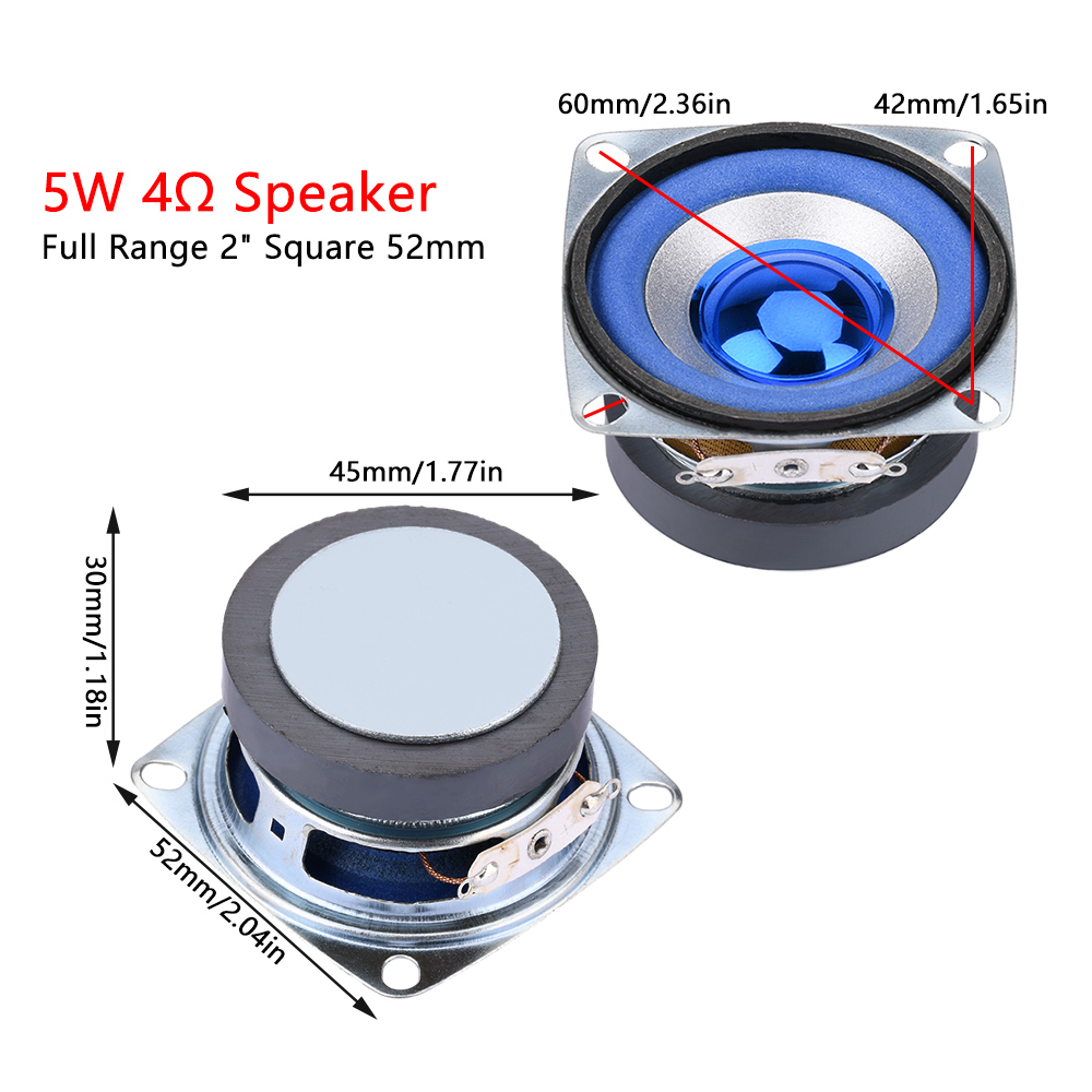 Altavoz de frecuencia completa azul de 2 pulgadas, 5W, 4ohm, altavoz pequeño cuadrado de 52mm, 5W, 4 ohmios