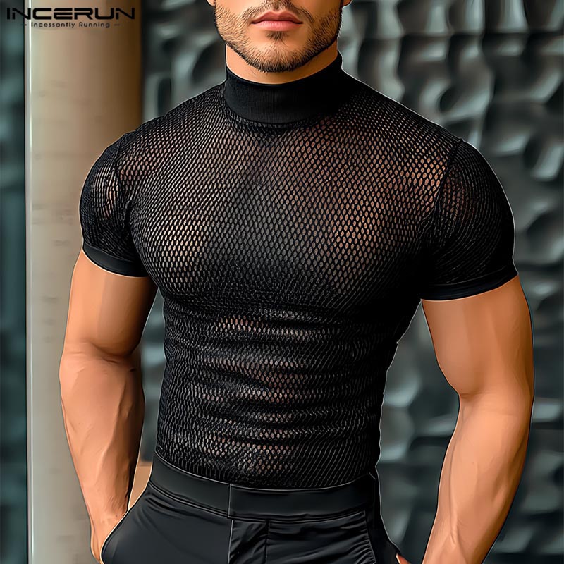 INCERUN Summer T-Shirts Short Sleeve Mesh Tee See Through Hollow Out Tops Tee Men's Clothing Sexy Streetwear Oversize Tops