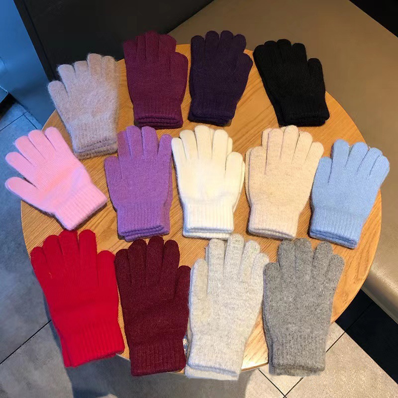 Novas mulheres inverno manter quente mais cashmere sólido alta elasticidade luvas de malha macia bonito adorável multicolorido à prova de vento luvas