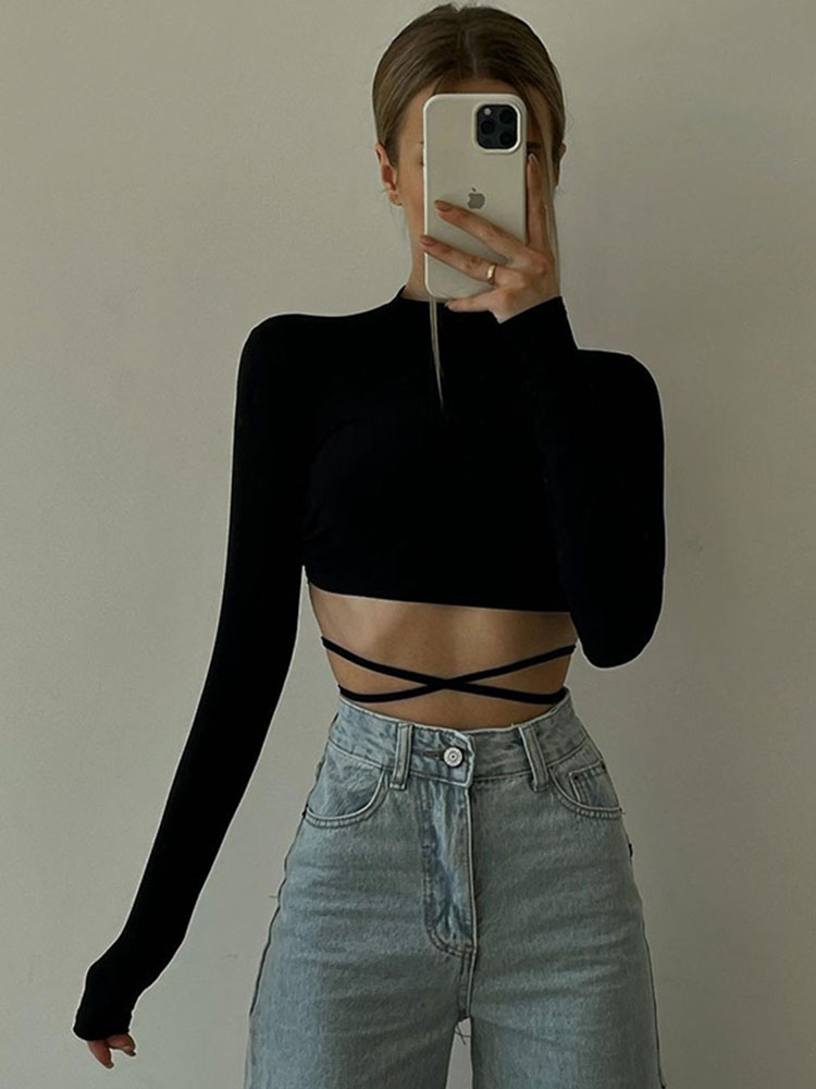 Camiseta de encaje con espalda descubierta para mujer, Jersey Sexy negro, cuello redondo, Camiseta corta ajustada de manga larga