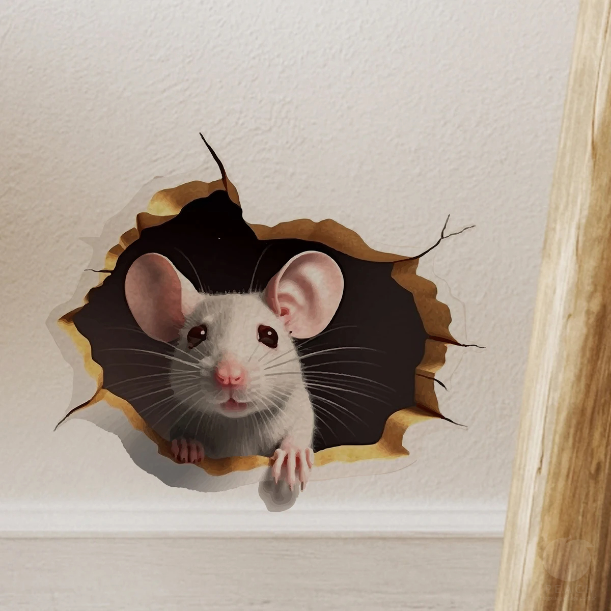 Adesivo 3D personalizado com efeito de buraco de rato, leitura, rato branco, flor, galho, rato fofo, animal, adesivo aleatório, decoração de casa