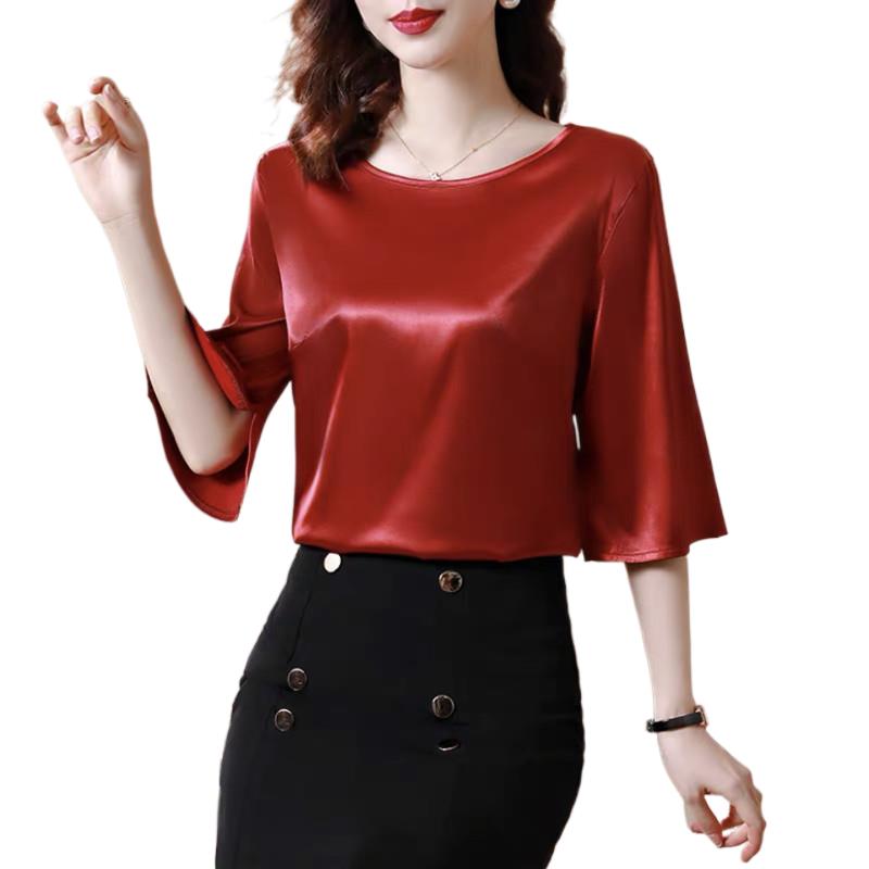 2026 primavera y otoño nuevo todo-fósforo cuello redondo manga acampanada de tres cuartos blusa de satén de acetato tops camisas básicas simples de seda de hielo