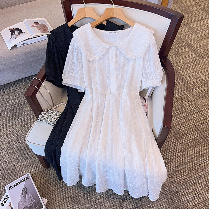 170Kg Plus Size Women's Bust Summer Lace Sequins Sweet Style Dress Half Sleeve Turn-down Collar Dress White 7XL 8XL 9XL 10XL