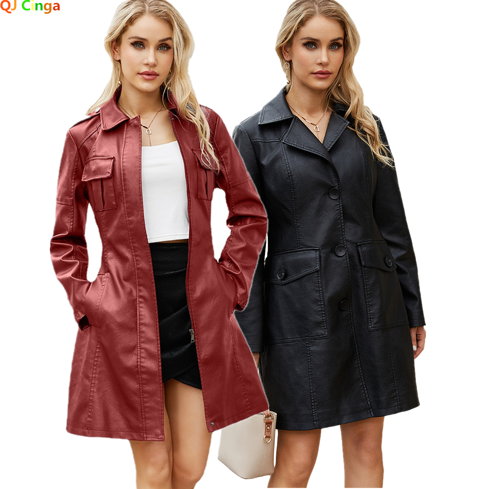 Vermelho cintura longa rendas jaqueta de couro feminino manga comprida lapela plutônio blusão jaqueta moda feminina único breasted casaco