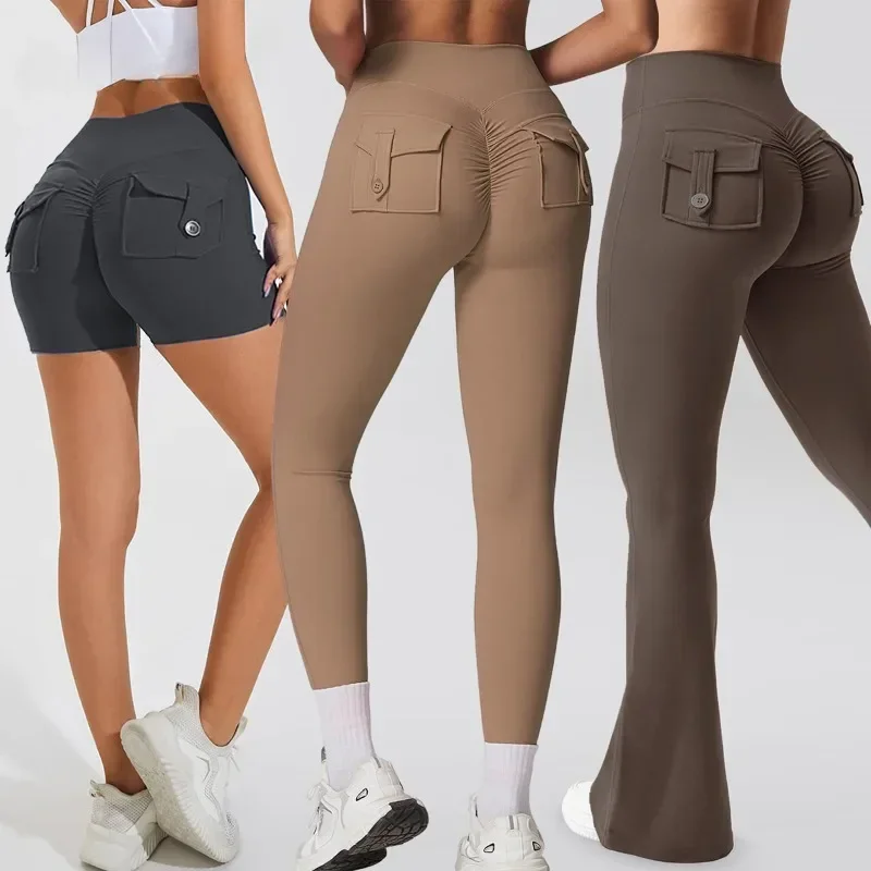 Leggings de yoga de fitness para mulheres bolso scrunched ginásio leggings cintura alta bunda levantando collants sexy booty shorts bell-bottoms