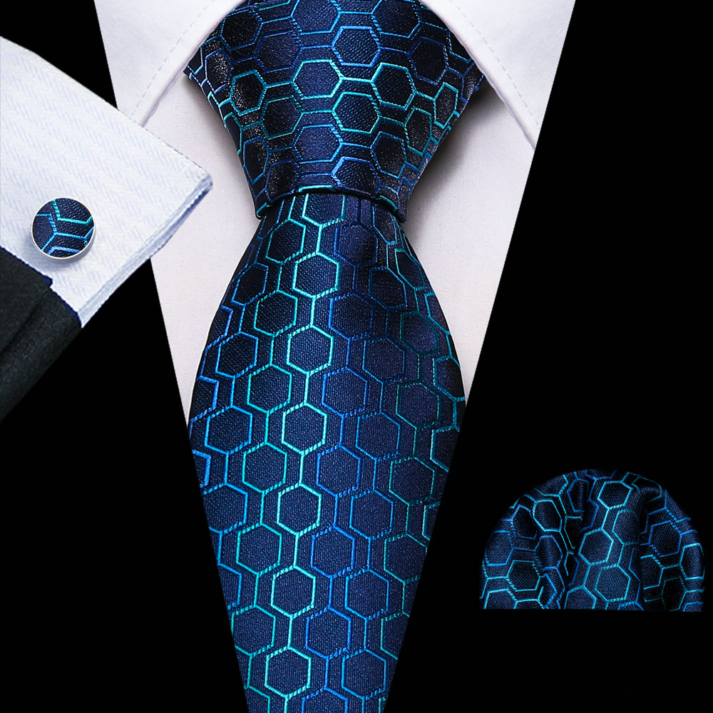 Dasi Pola Geometris Baru untuk Pria Set Kancing Manset Sapu Tangan Jacquard Tenun Biru Desainer Pesta Formal Barry.Wang