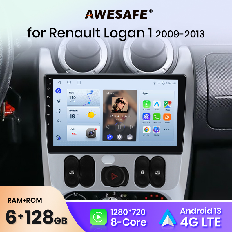 AWESAFE Rádio sem fio CarPlay Android Auto para Renault Logan 1 Sandero 2009 2010 2011 - 2013 Sistemas inteligentes de carro multimídia