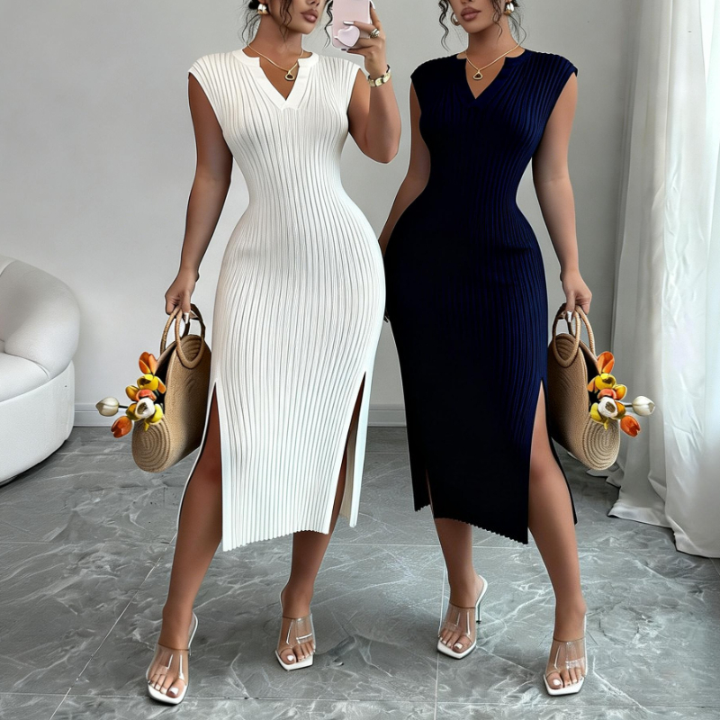 Abito lungo estivo da donna bianco con scollo a V, senza maniche, elasticizzato, in maglia, aderente, con spacco laterale, casual, per tutti i giorni e feste