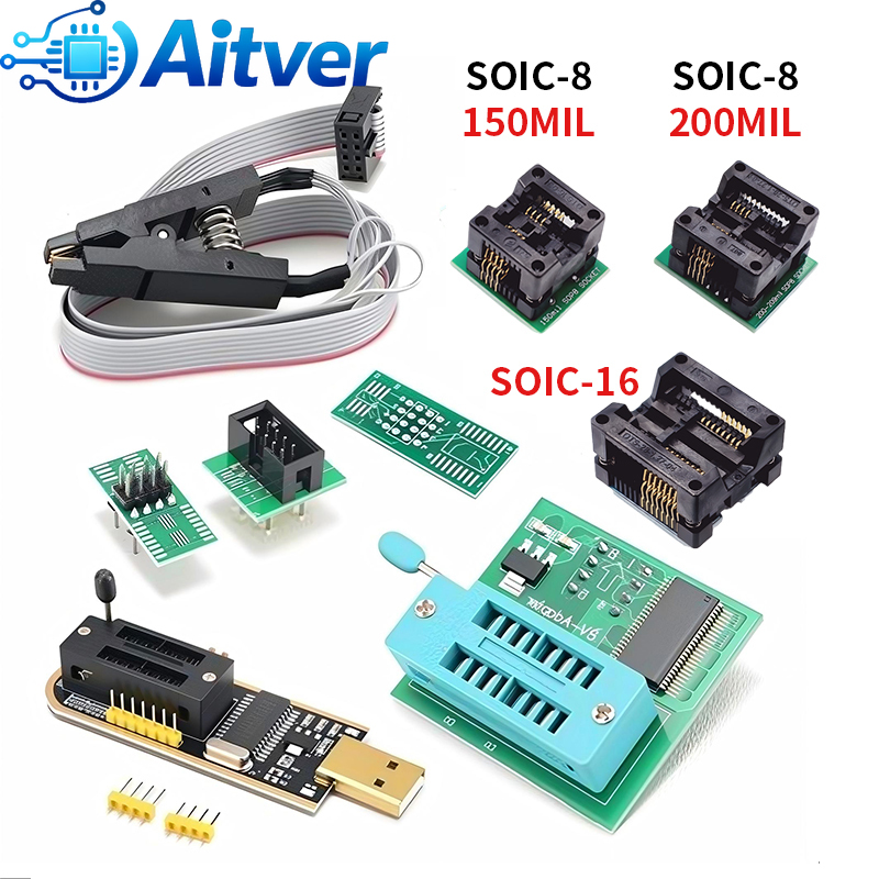 Программатор EEPROM Flash CH341 с адаптером SOIC8, адаптером SOIC16, тестовым зажимом SOP8 и модулем 1.8V для программирования чипов BIOS