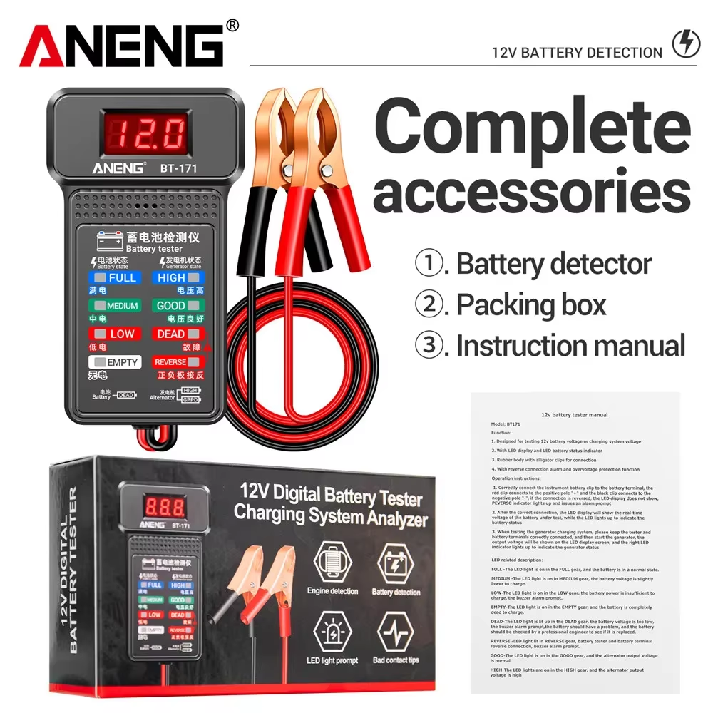 ANENG BT-171 Probador de Baterías Multifuncional de 12V para la Industria de Reparación de Automóviles con Pantalla LED de Visualización Inversa, Herramienta para Electricistas