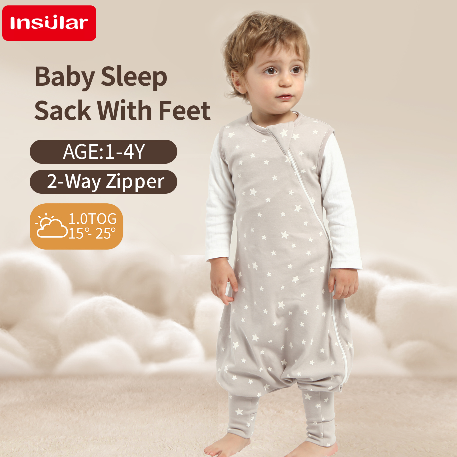 Saco de dormir suave para bebé INSULAR con pies, sacos de dormir sin mangas para bebé, ropa de casa para niños, cremallera bidireccional de algodón Premium, 4 estaciones