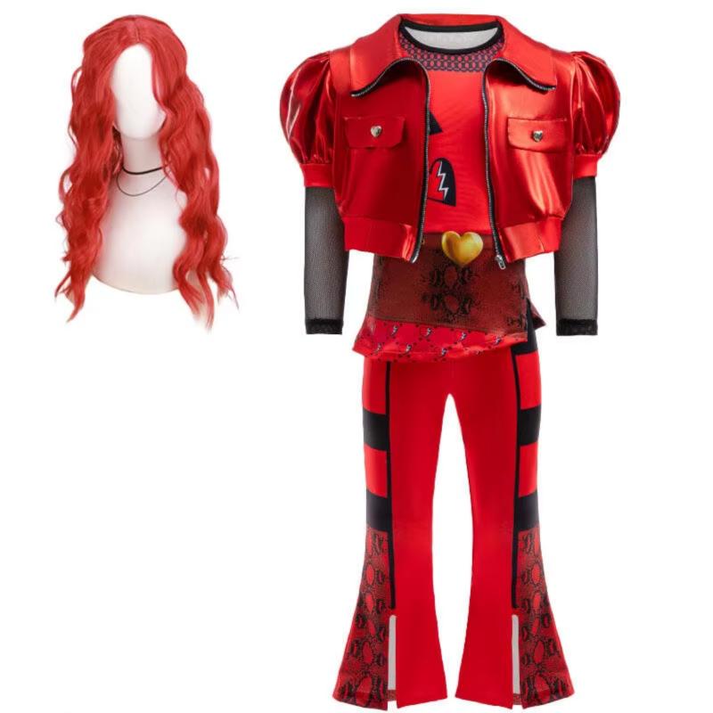 Mädchen The Rise of Red Makeup Tanzkleid Halloween Cosplay Kostüm für 4-12 Jahre alte Kinder Film Descendants 4 Kleider Perücke