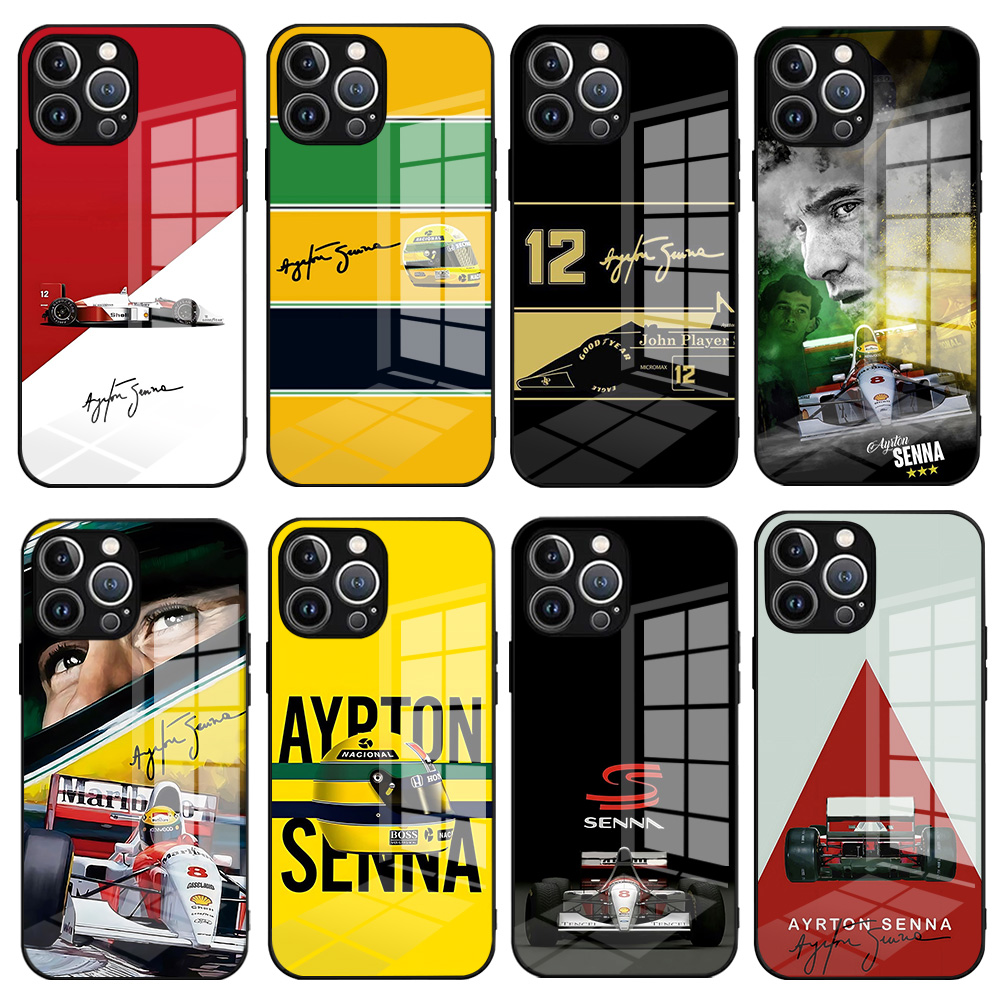 Ayrton Senna F1 coque de téléphone pour iPhone 16 16e 15 14 13 12 Mini 11 Pro XS Max XR X SE 2022 8 7 Plus cadre en verre souple en Silicone