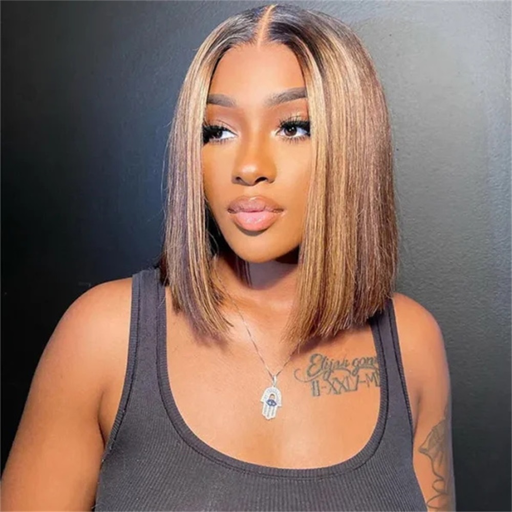 Highlight 13x4 Lace Front Bob Perücke Echthaar P4/27 Honigblond Glatte Bob Perücke Echthaar Vorgezupft mit Baby Hair