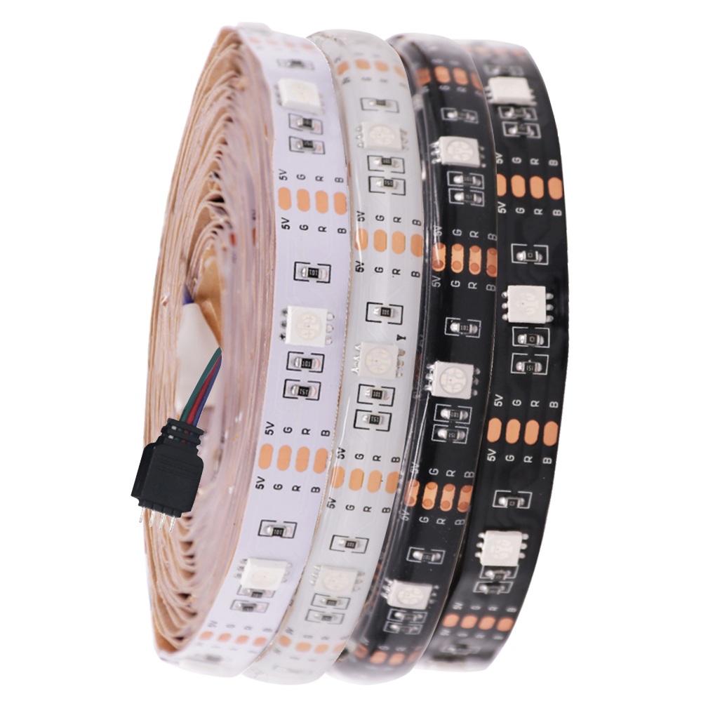 Tira de luces LED RGB de 5v 5050, lámpara de cinta Flexible impermeable 50cm 1m 2m 3m 4m 5m con enchufe de 4 pines PCB blanco/negro para decoración del hogar