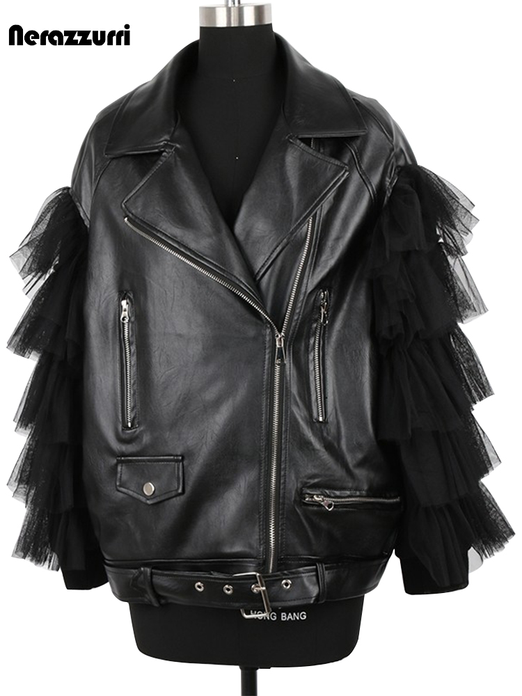 Nerazzurri-Chaqueta de piel sintética negra para mujer, chaqueta holgada con encaje, manga larga, cinturón con cremallera, moda elegante de lujo, primavera y otoño, 2022