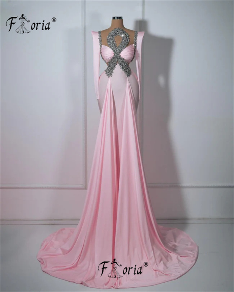 Elegant Pink Major Crystals Mermaid Evening Party Dress Long Sleeves Sparkly Beading Sweep Train Formal Occasion Gown Celebrity