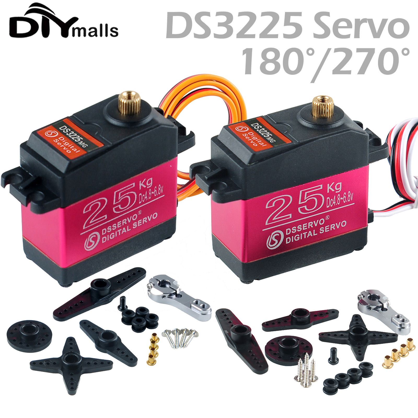Ds3225 25kg rc servo digital 180 270 graus à prova dwaterproof água servo alto torque engrenagem de metal completo para diy baja carro rc braço robótico