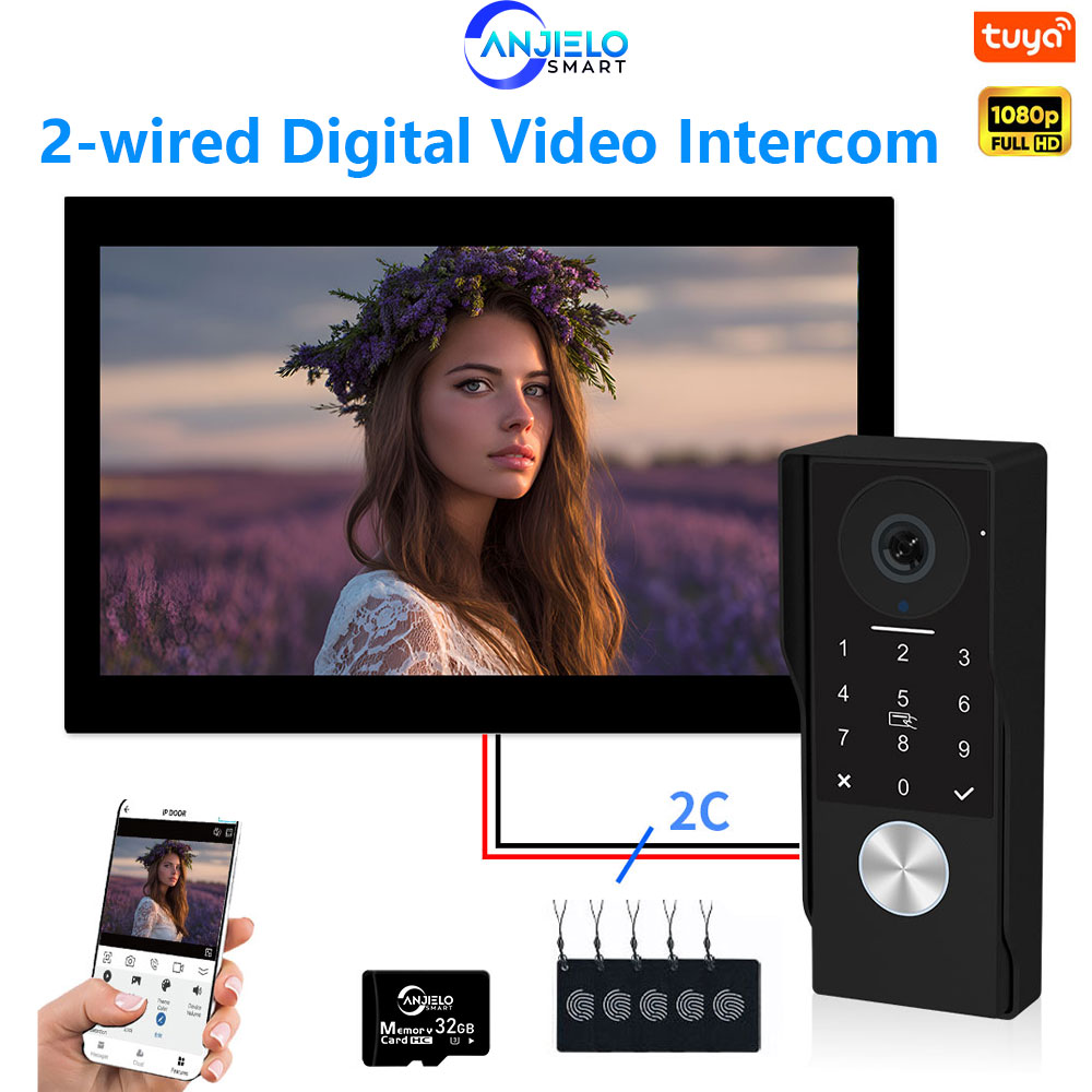 ANJIELO 2-przewodowy metalowy dzwonek wideo z obsługą kart IC TUYA, odblokowywania PIN, 24 kamery IP, inteligentny system wideodomofonowy do domu, 1080P