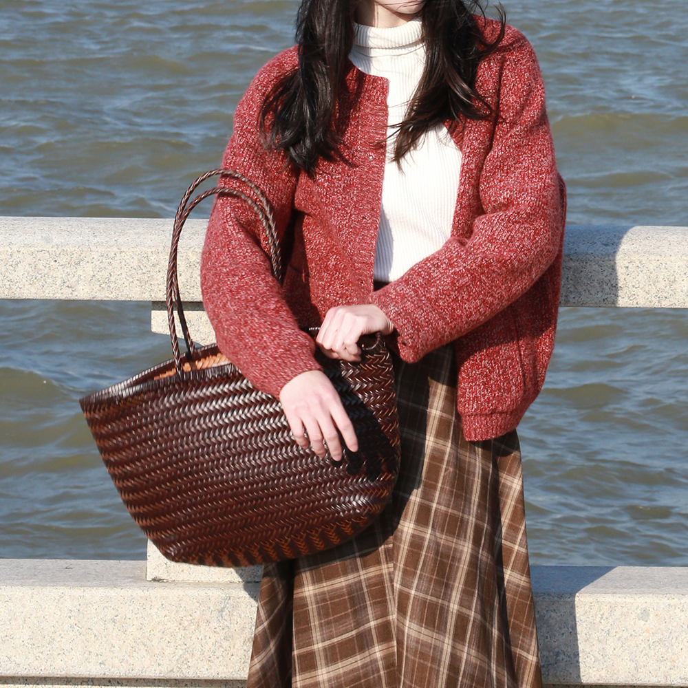 Tas Tangan Wanita Kulit Asli Vintage, Tas Tote Besar Kasual, Tas Selempang Anyaman Kulit Sapi, Tas Belanja Crossbody untuk Wanita